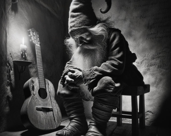 Elderly gnome in a dimly lit room with a guitar