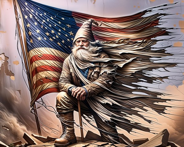 Bearded Figure in Flowing Garments and American Flag