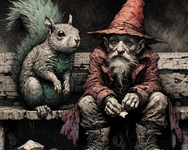 Elderly gnome and whimsical squirrel in rustic setting