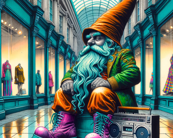 Whimsical Gnome in Shopping Arcade with Boombox