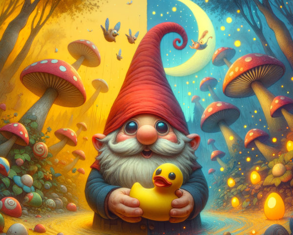 Whimsical Scene of Day and Night with Gnome and Duck