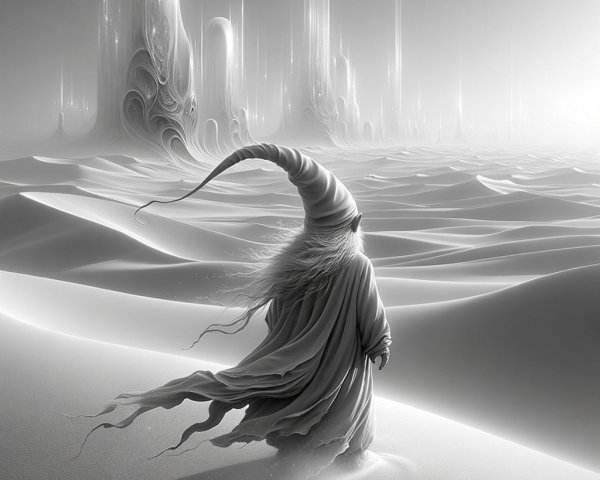 Mysterious Figure in Surreal Desert Landscape