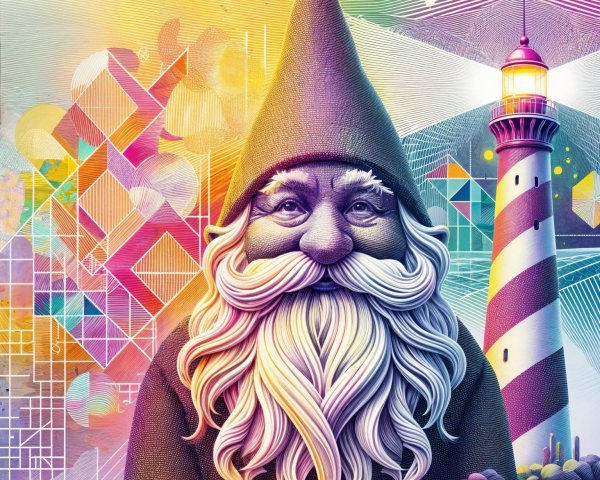Whimsical Gnome with Lighthouse in Abstract Background