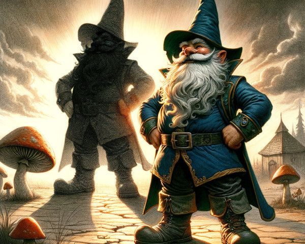 Whimsical Gnome on Cracked Path with Oversized Mushrooms