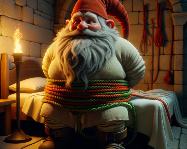 Cheerful Gnome Tied with Colorful Ropes in Dim Room