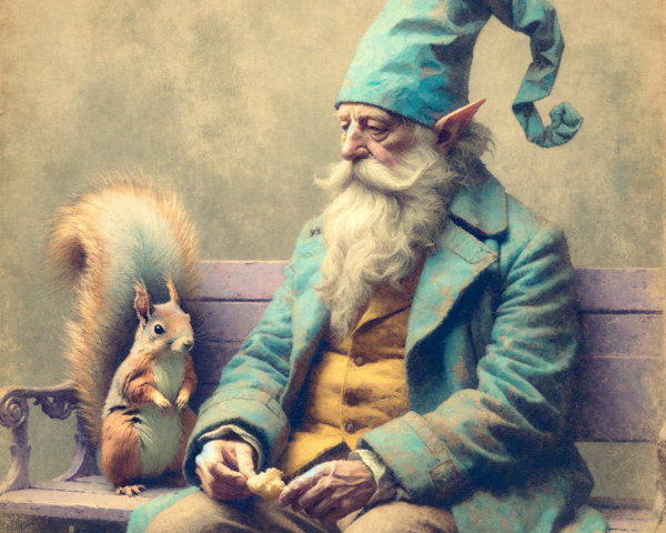 Elderly gnome in whimsical hat sits with squirrel