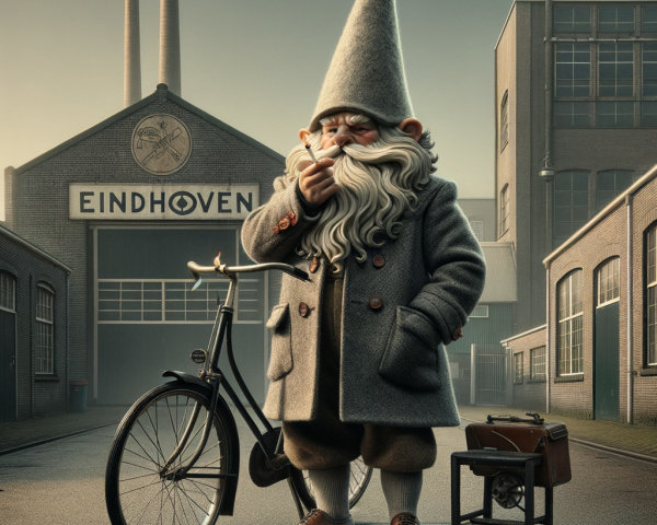 Whimsical Gnome by Vintage Bicycle in Urban Setting
