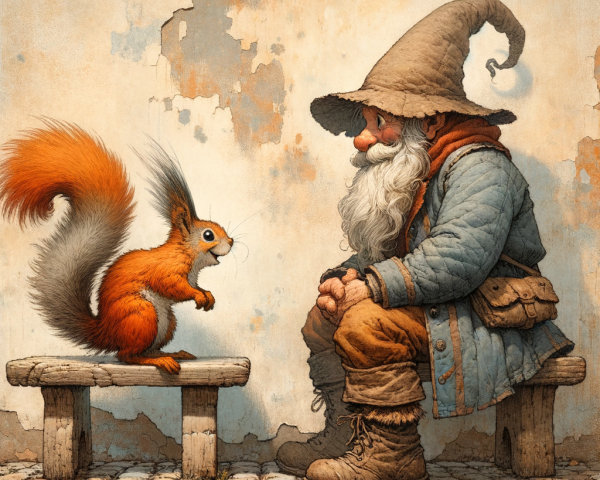 Gnome and Squirrel in a Whimsical Rustic Setting