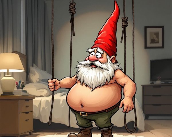 Cartoonish gnome in cozy bedroom with soft lighting