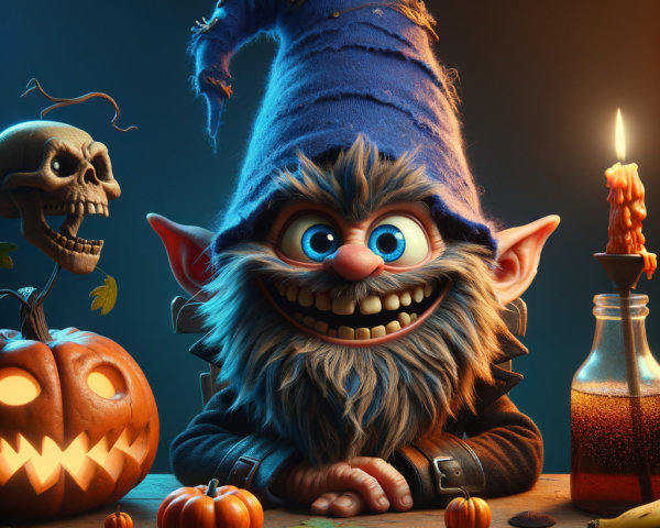 Whimsical Gnome with Autumn Decor and Halloween Elements