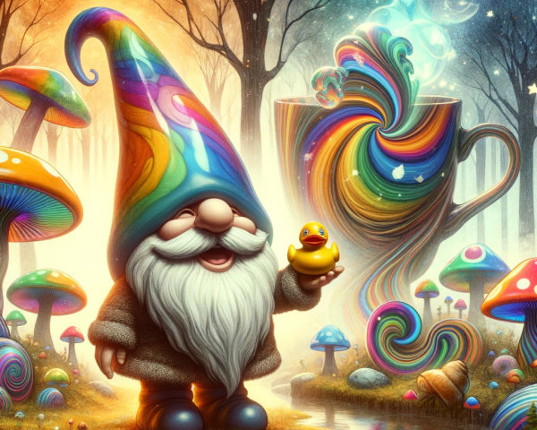 Whimsical Gnome by Stream with Colorful Elements