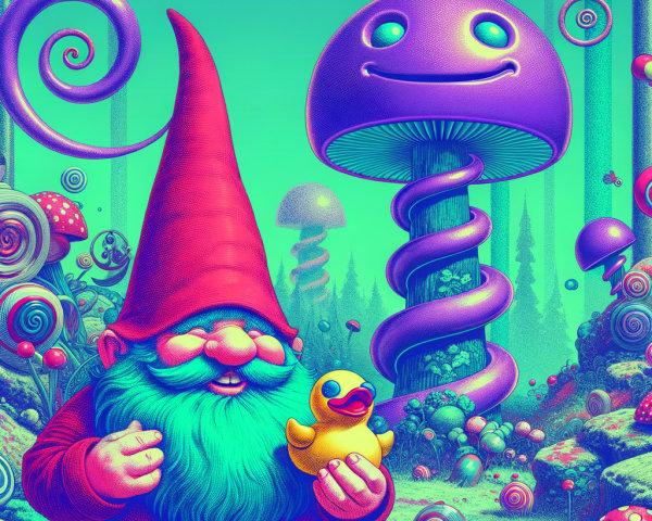 Colorful Gnome with Duck in Whimsical Landscape
