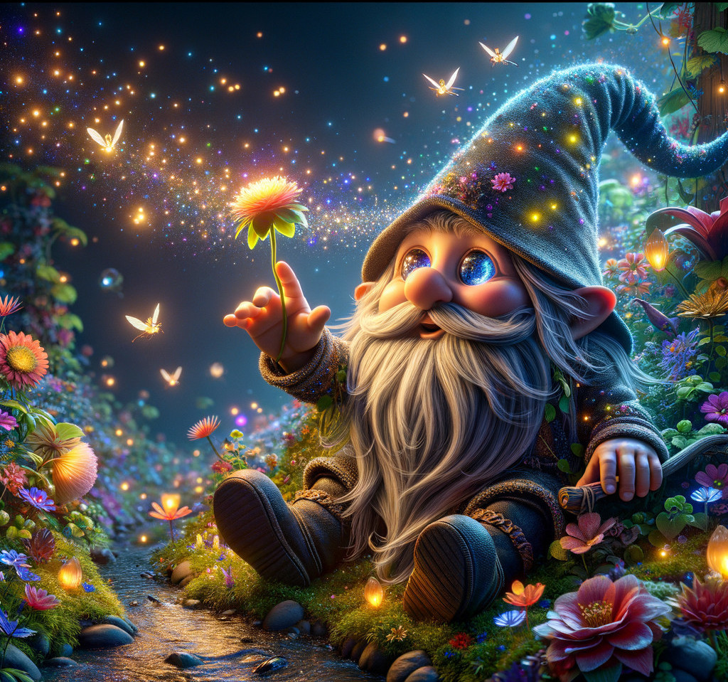 Cheerful gnome in vibrant flower scene with butterflies