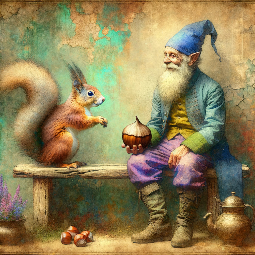 Elderly gnome and squirrel in enchanted forest scene