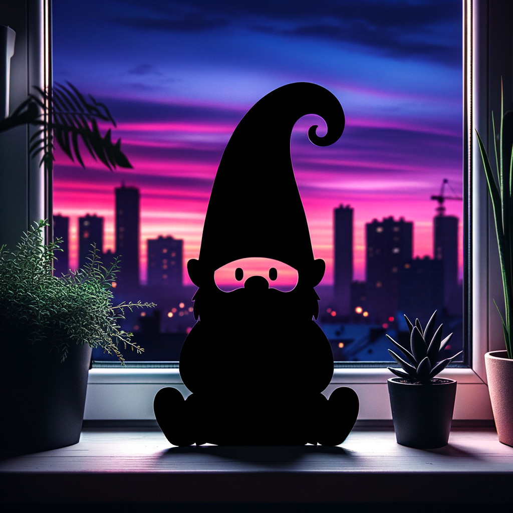 Gnome Silhouette on Windowsill with Twilight Sky