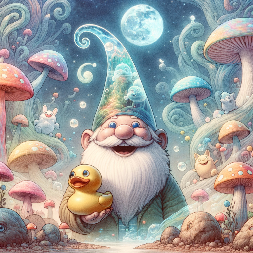 Gnome by Shimmering Pond in Enchanted Forest Scene