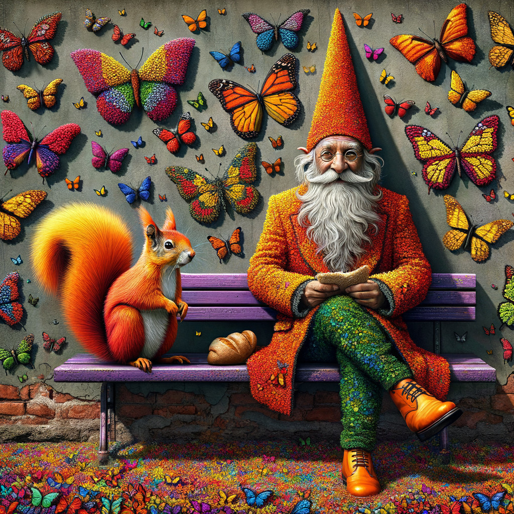 Whimsical gnome with squirrel in colorful fantasy scene