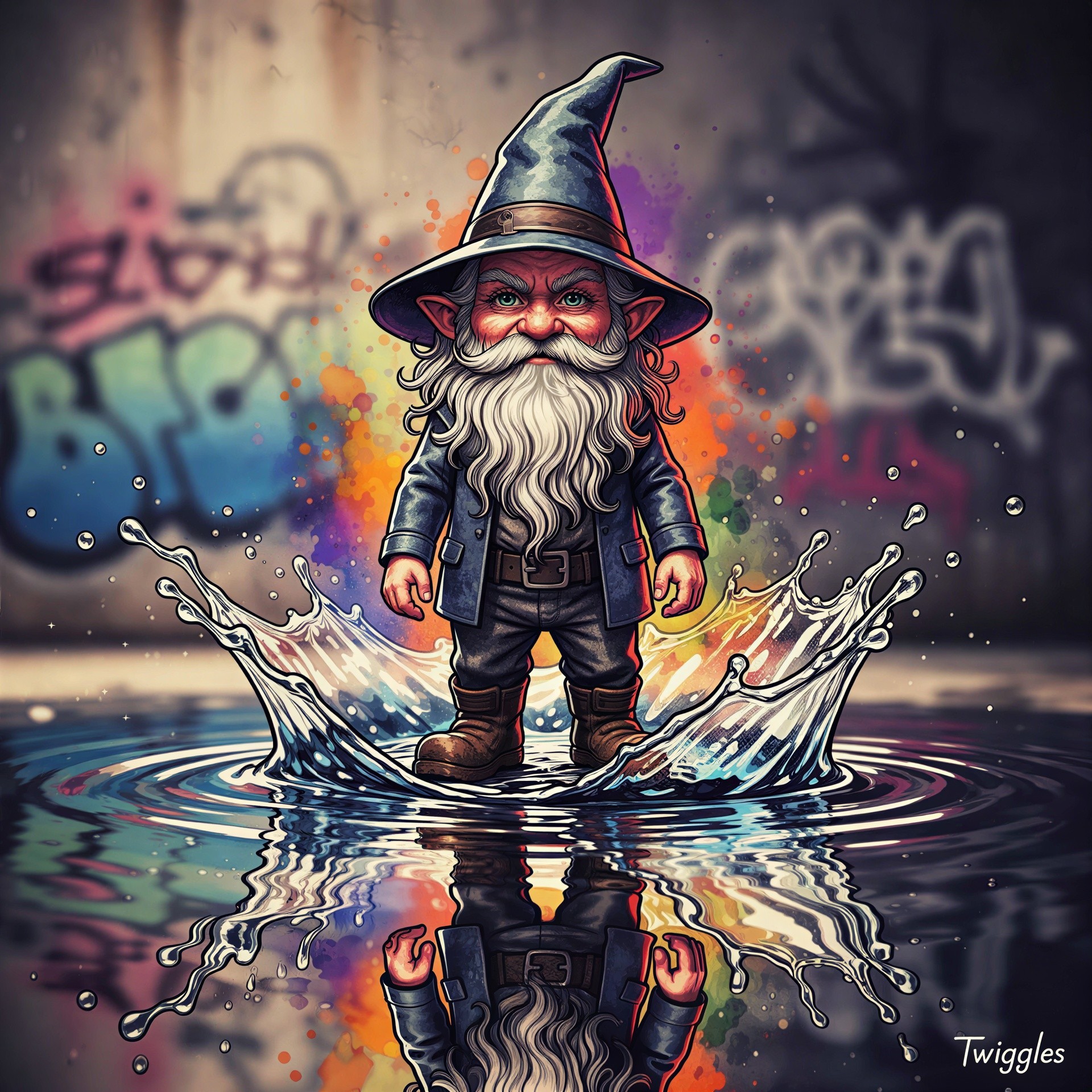 Cute Gnome Illustration in Urban Setting with Puddle