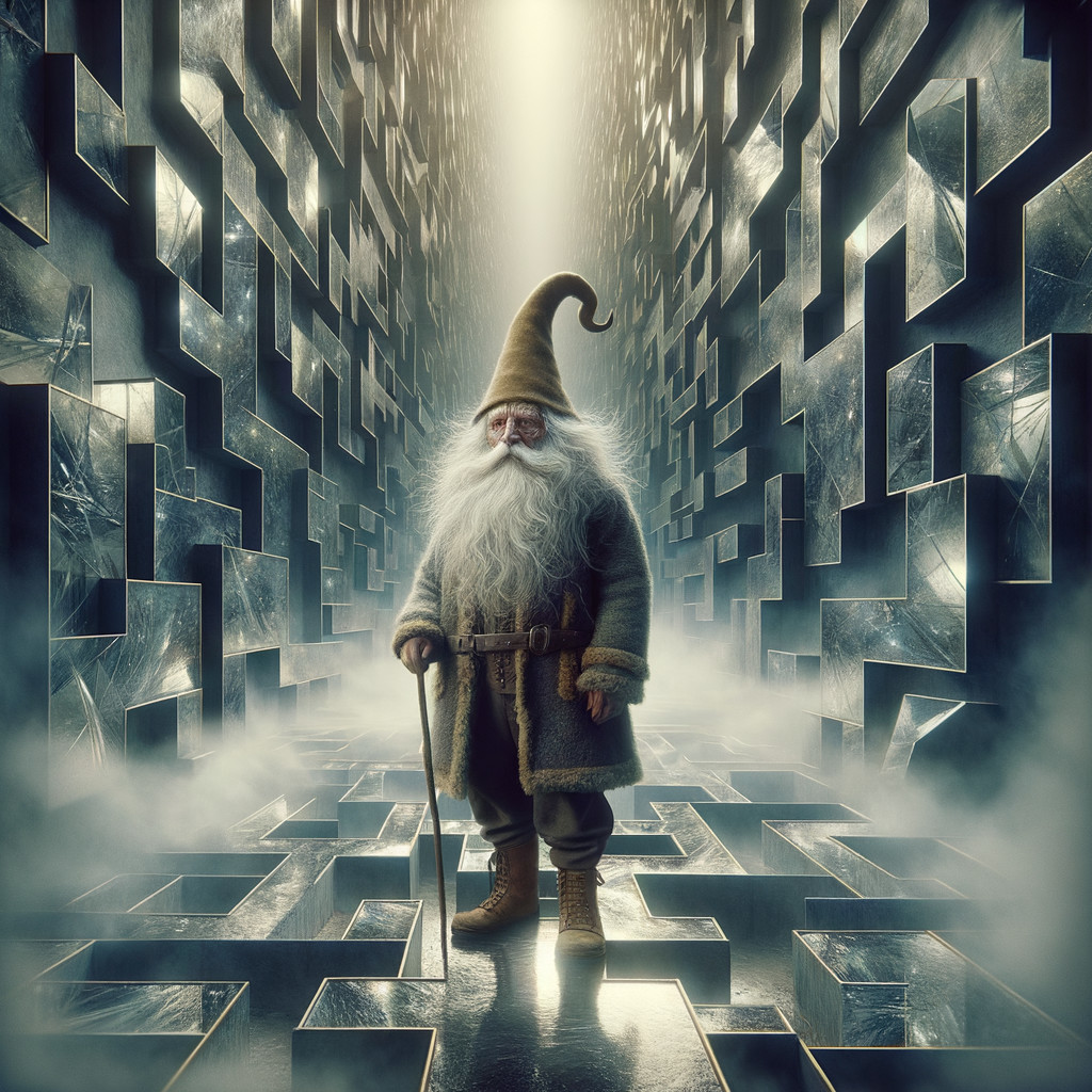 Elderly Figure in Surreal Reflective Maze Setting