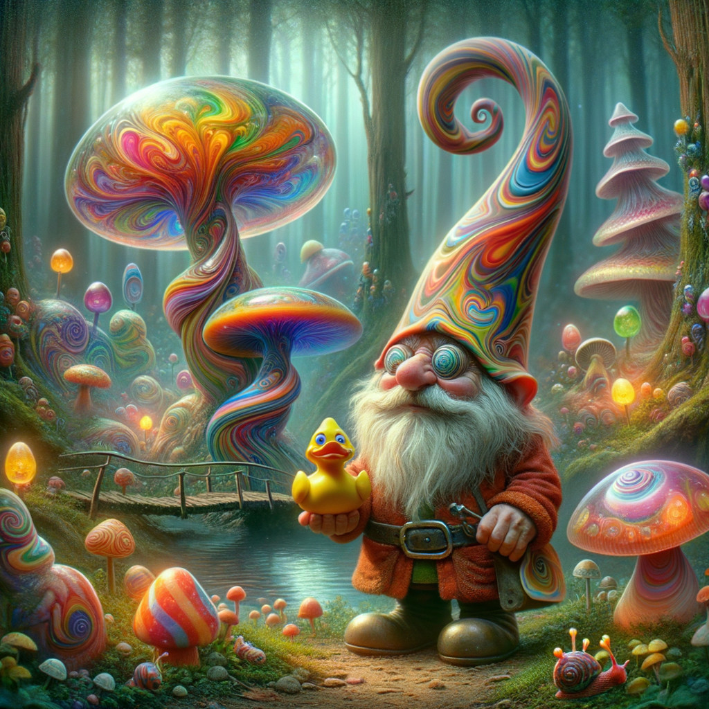 Whimsical Forest Scene with Gnome and Rubber Duck