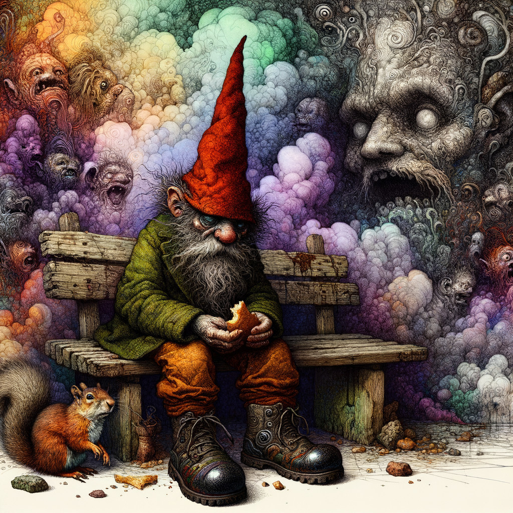 Gnome on Bench in Surreal Colorful Landscape