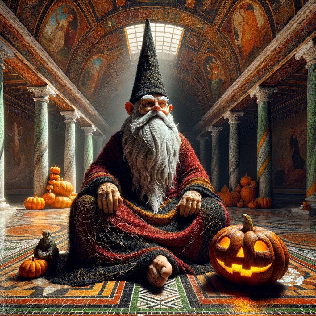 Whimsical Wizard in Ornate Hall with Pumpkins