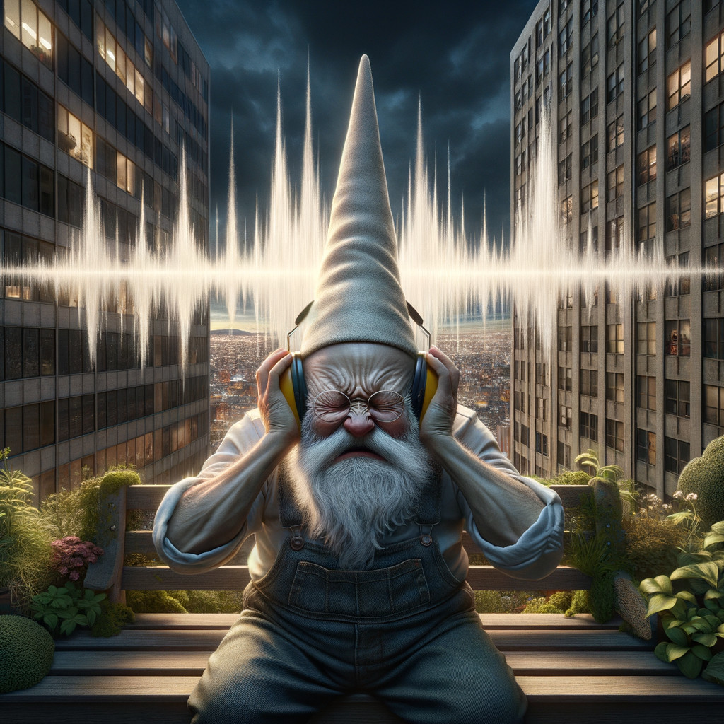 Elderly gnome on park bench enjoying music in city