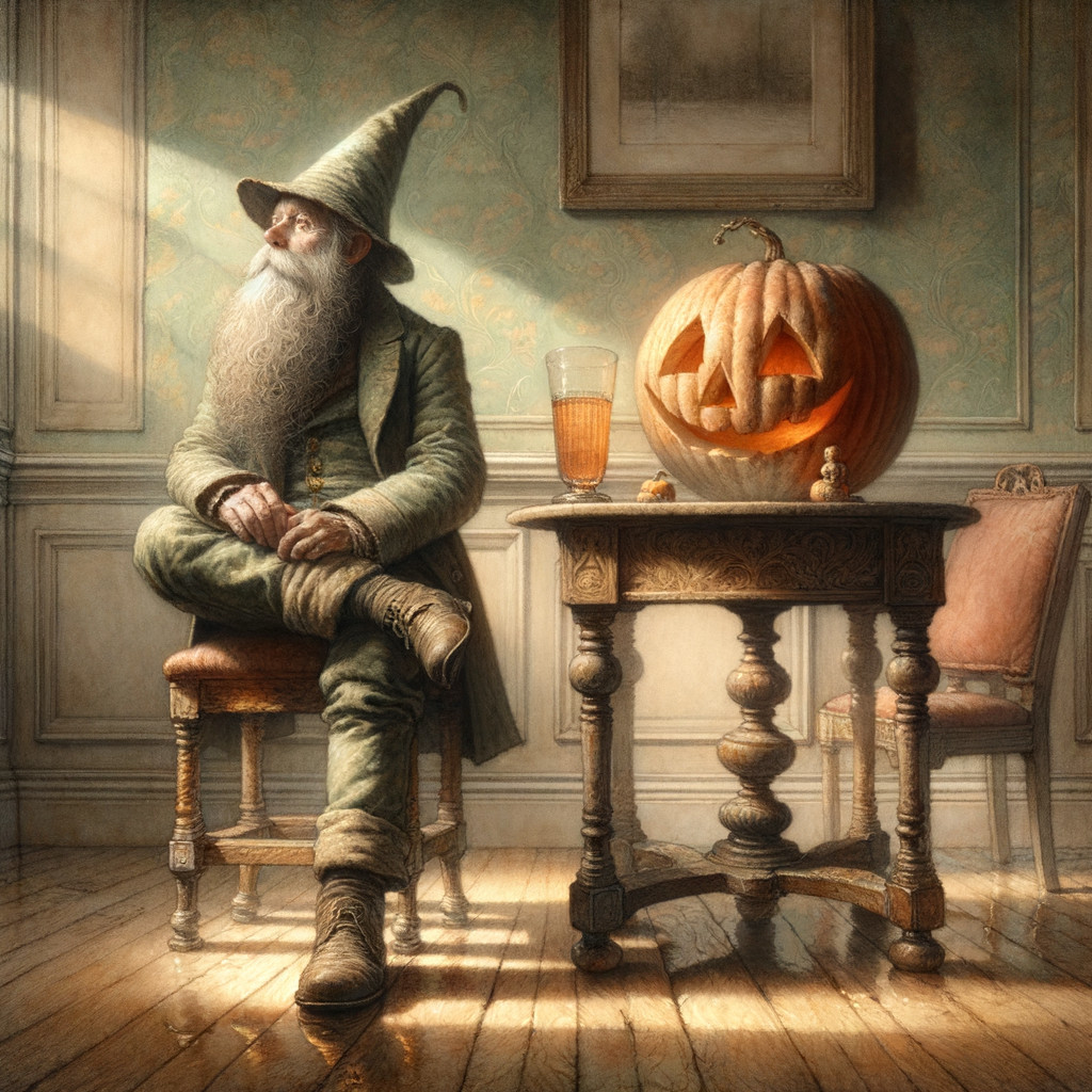 Whimsical Autumn Scene with Elderly Man and Pumpkin