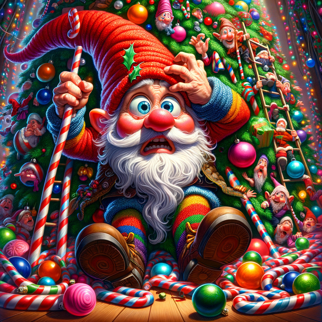 Whimsical Gnome Surrounded by Colorful Christmas Decor
