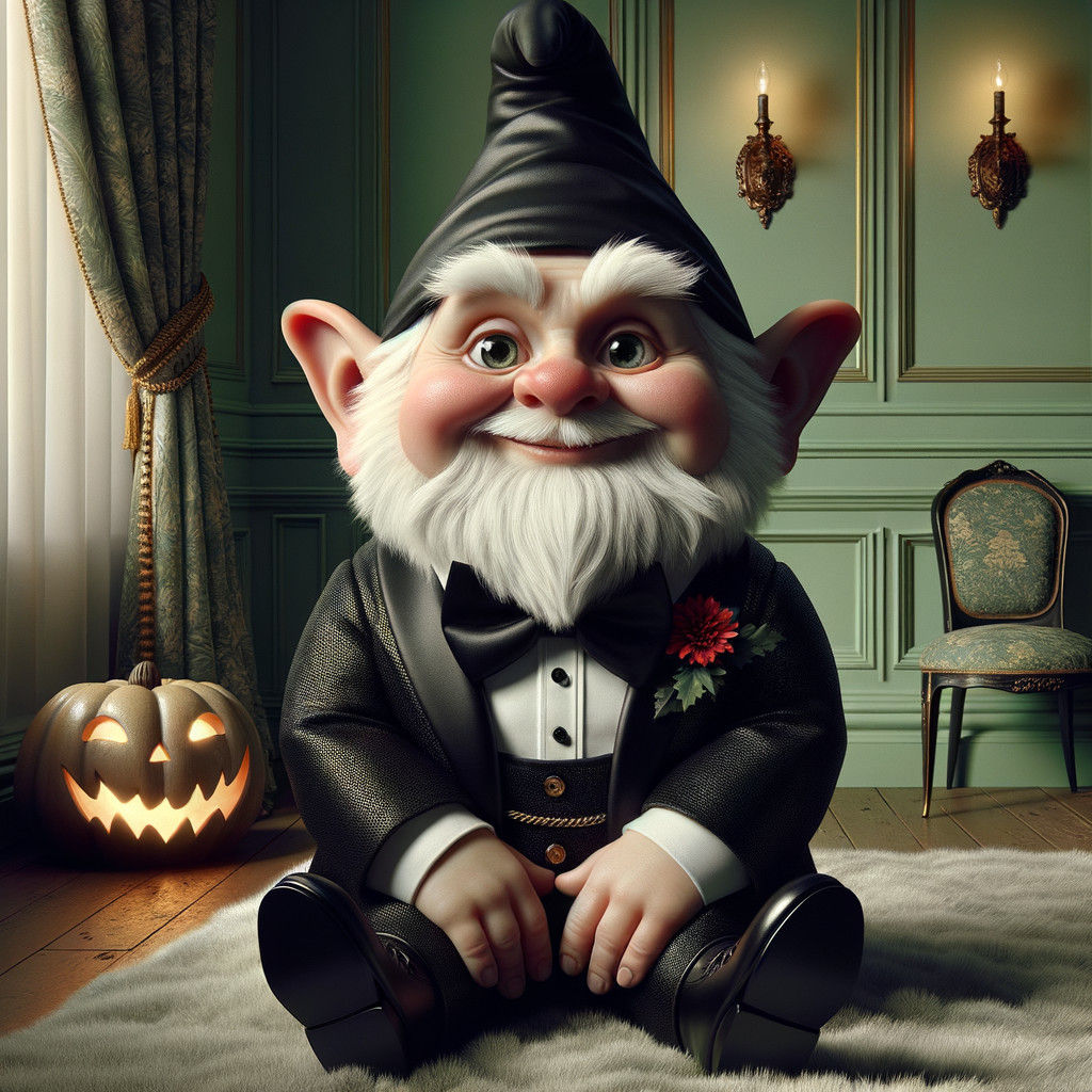 Cartoon Garden Gnome in Tuxedo in Vintage Room