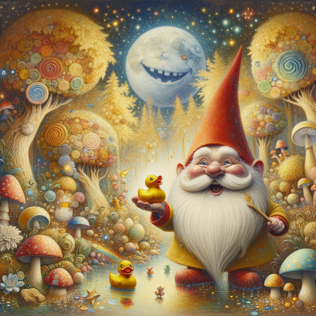 Whimsical Gnome in Vibrant Enchanted Landscape