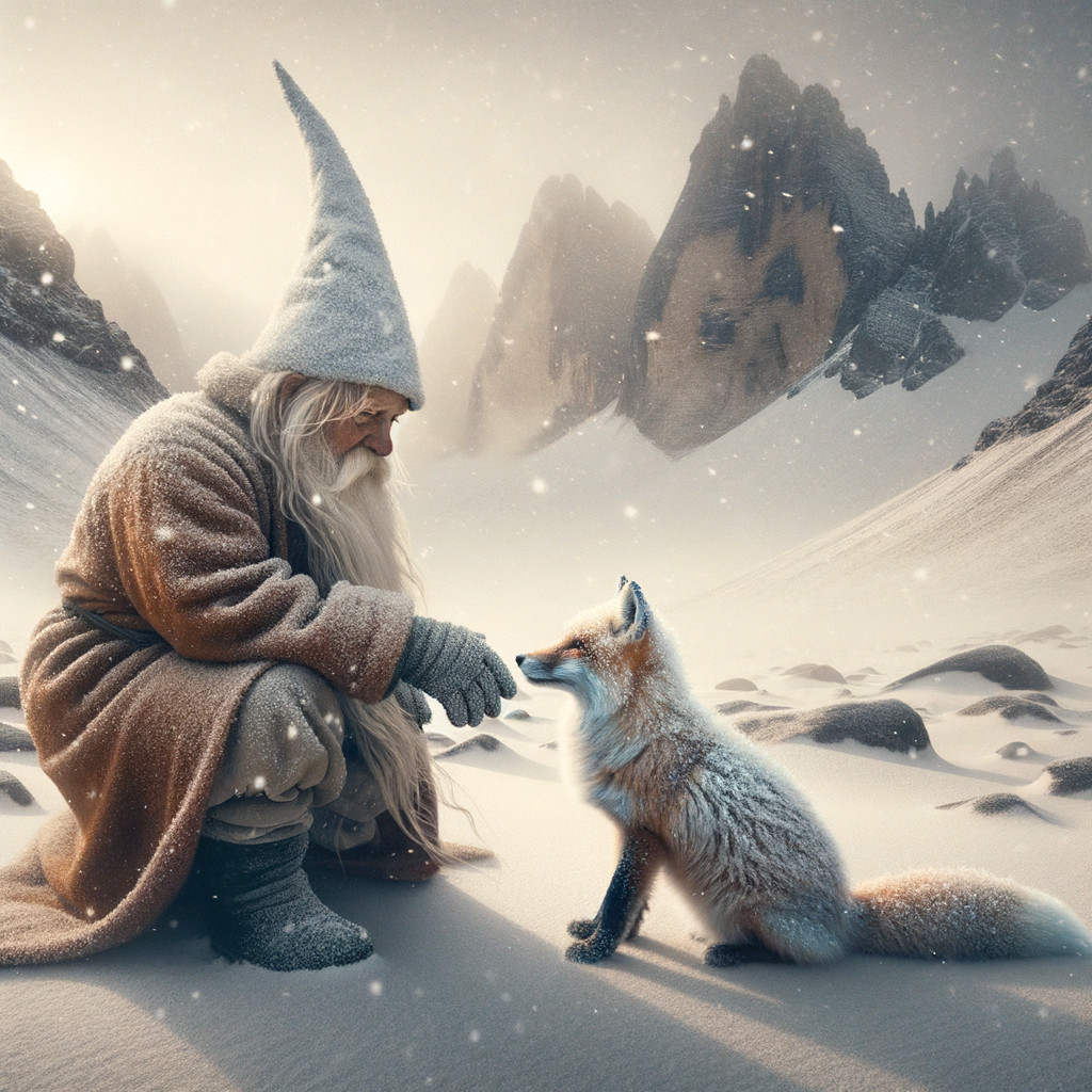 Winter Scene of Old Man and Fox in Snowy Landscape