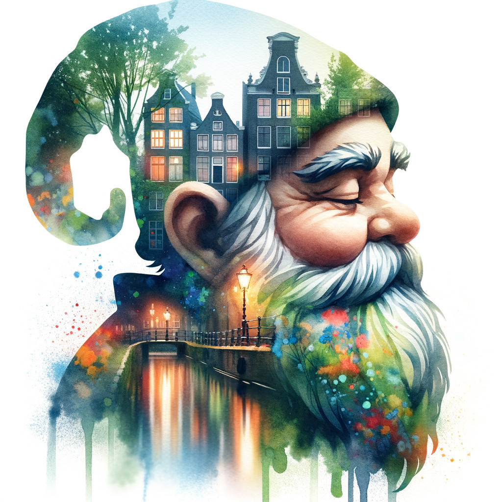 Profile of a Bearded Man with Amsterdam Watercolor Scene