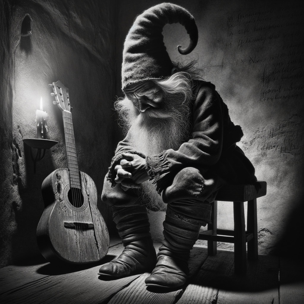 Elderly gnome in a dimly lit room with a guitar