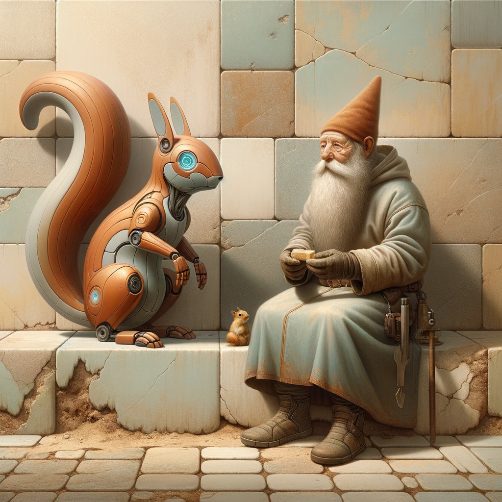 Elderly Gnome and Robotic Squirrel Share a Snack