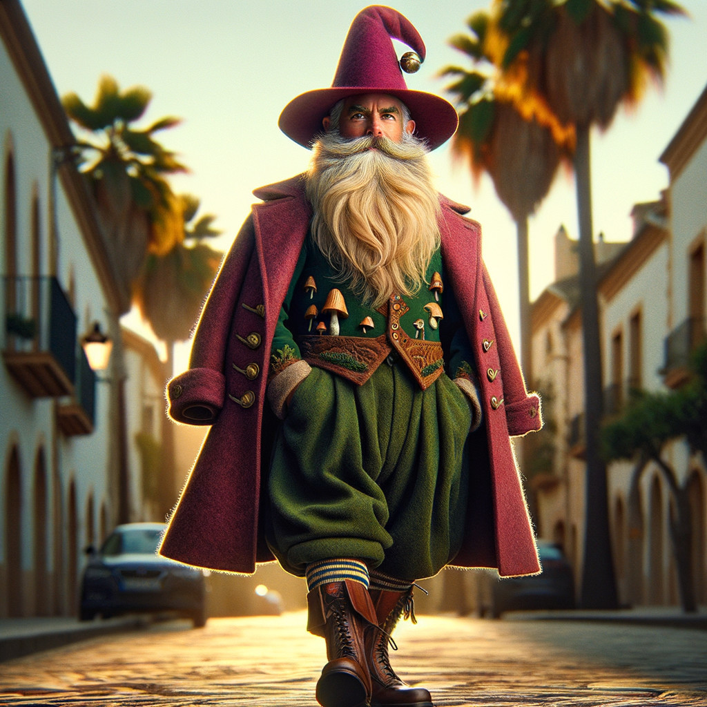 Whimsical Elf Figure on Sunlit Palm Tree Street