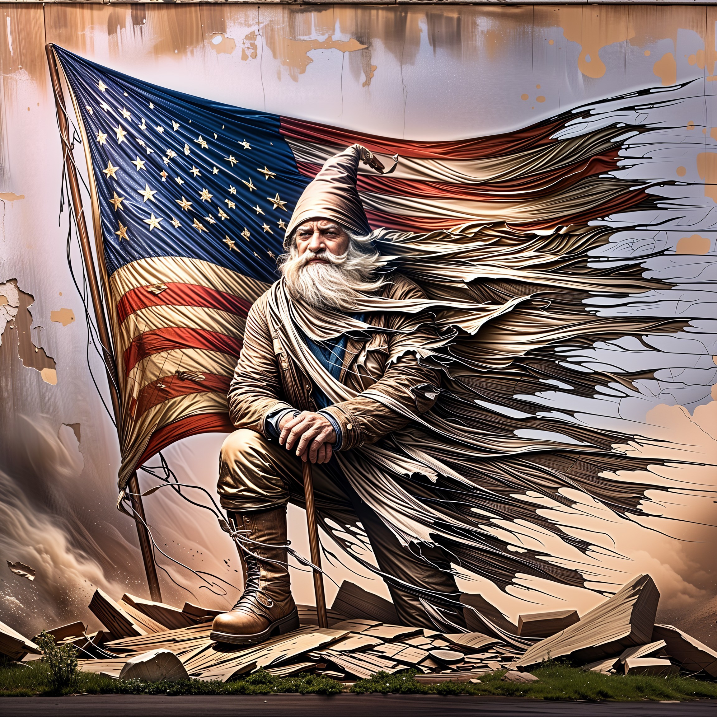 Bearded Figure in Flowing Garments and American Flag