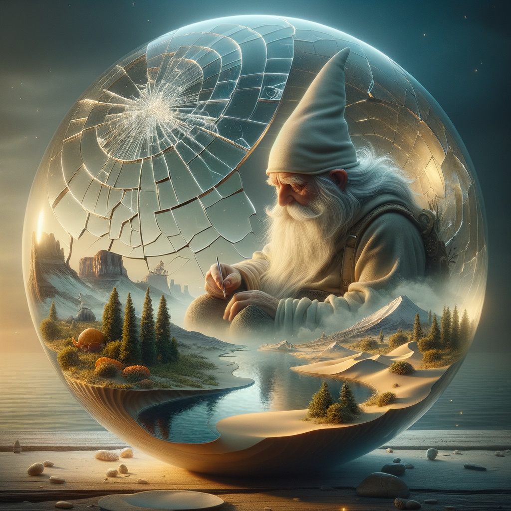 Elderly Gnome Sketching in a Crystal Orb Landscape