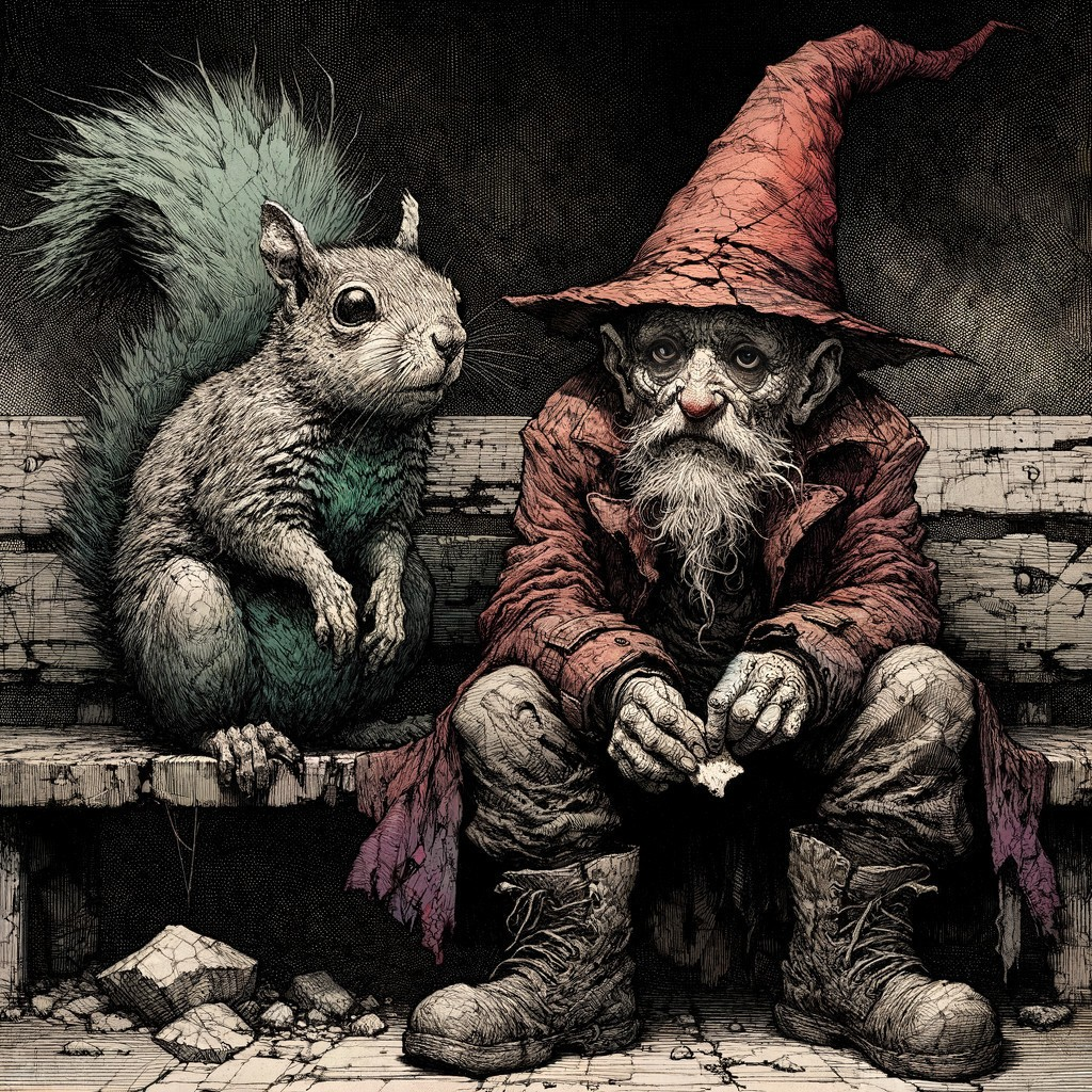Elderly gnome and whimsical squirrel in rustic setting
