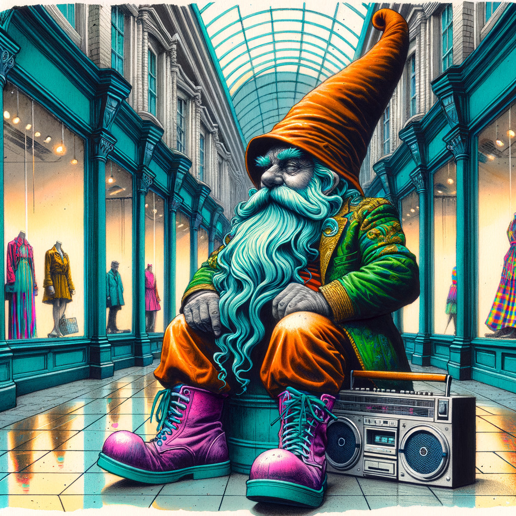Whimsical Gnome in Shopping Arcade with Boombox