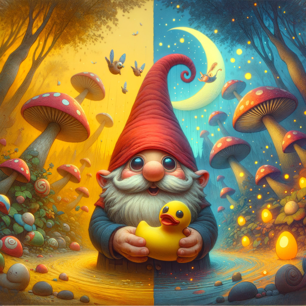 Whimsical Scene of Day and Night with Gnome and Duck