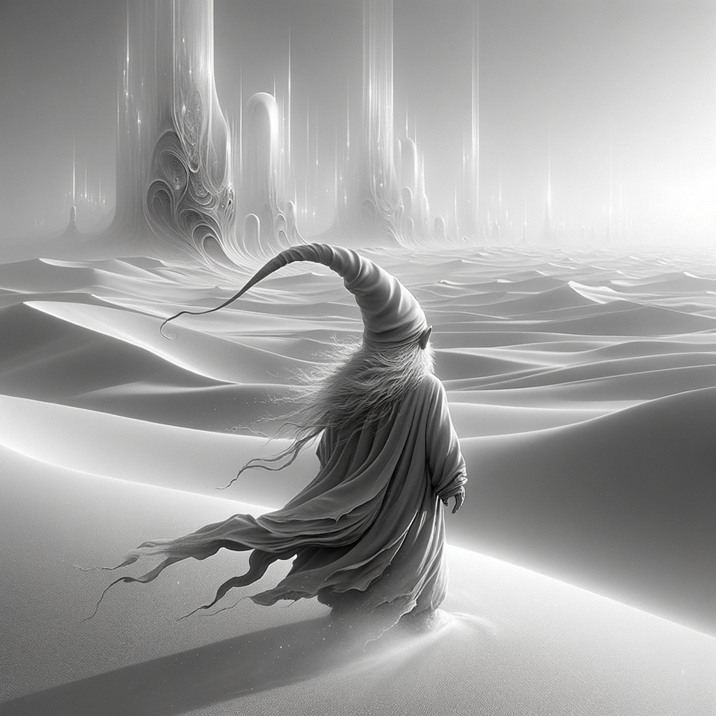 Mysterious Figure in Surreal Desert Landscape