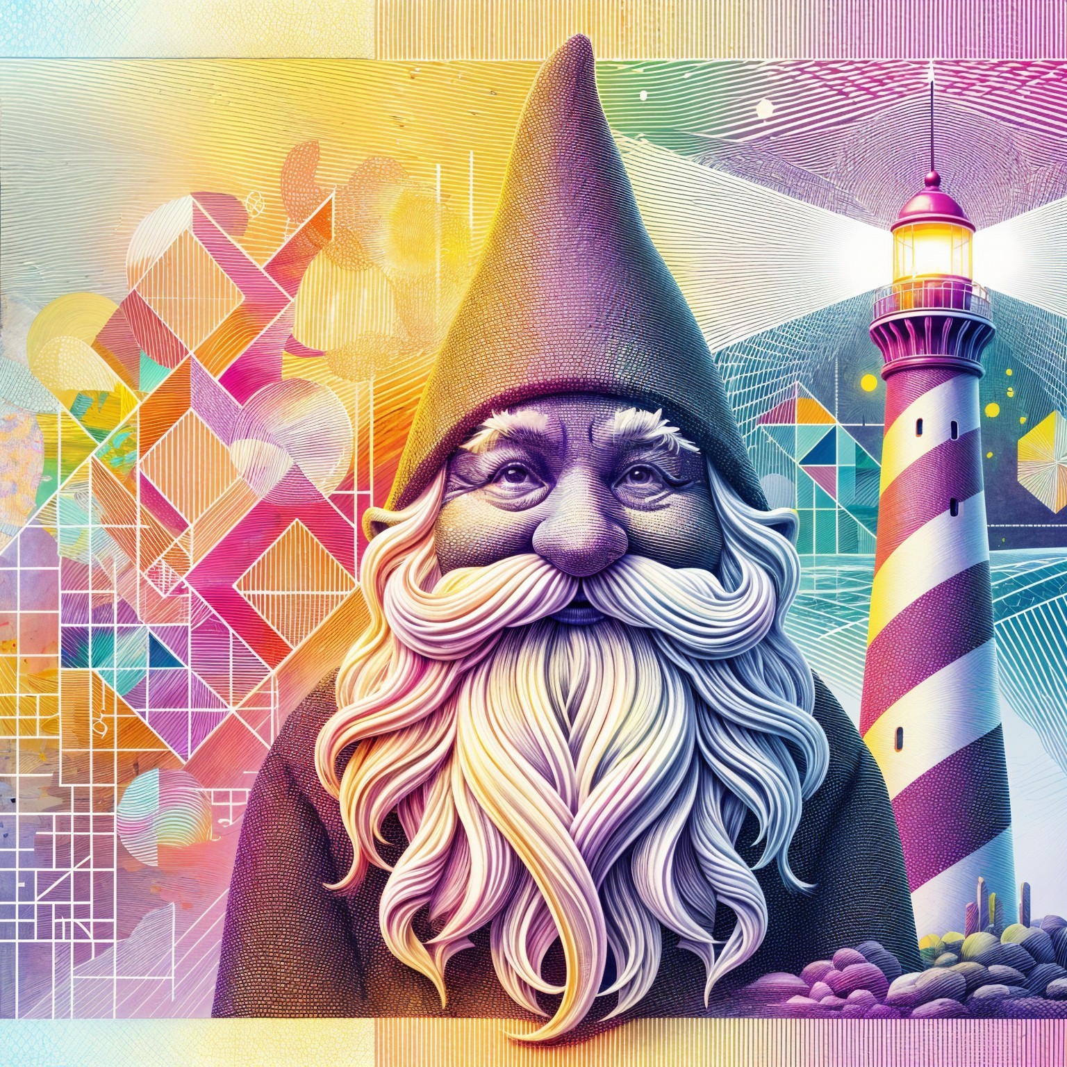 Whimsical Gnome with Lighthouse in Abstract Background