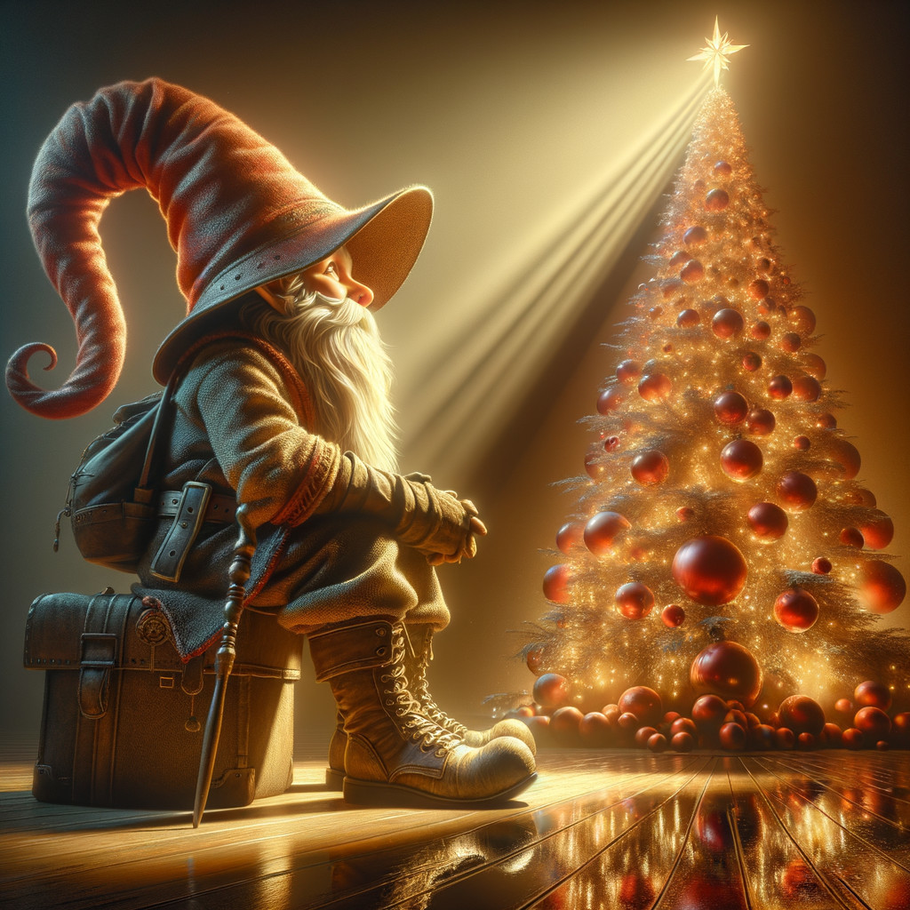 Whimsical Gnome by Vintage Suitcase and Christmas Tree