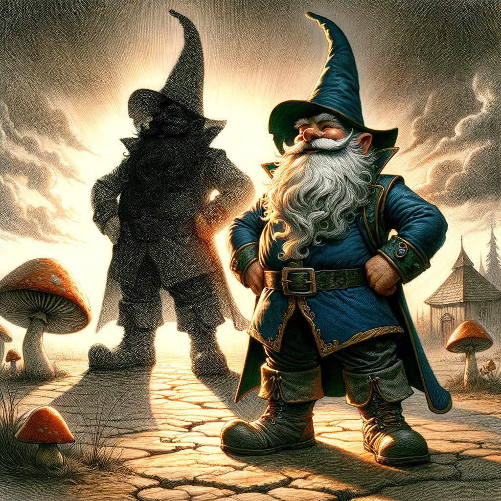 Whimsical Gnome on Cracked Path with Oversized Mushrooms