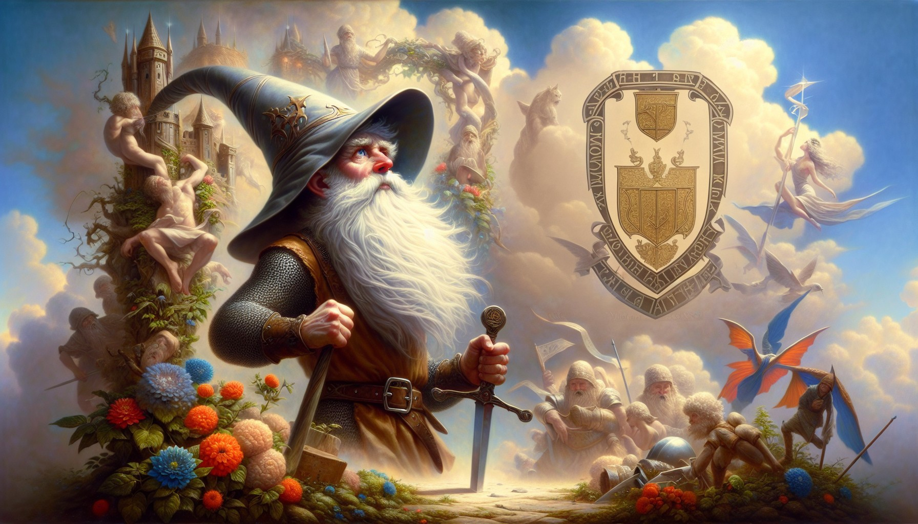 Wizard with Sword Surrounded by Flowers and Ruins