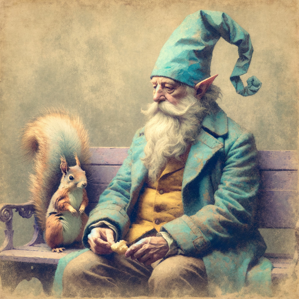 Elderly gnome in whimsical hat sits with squirrel
