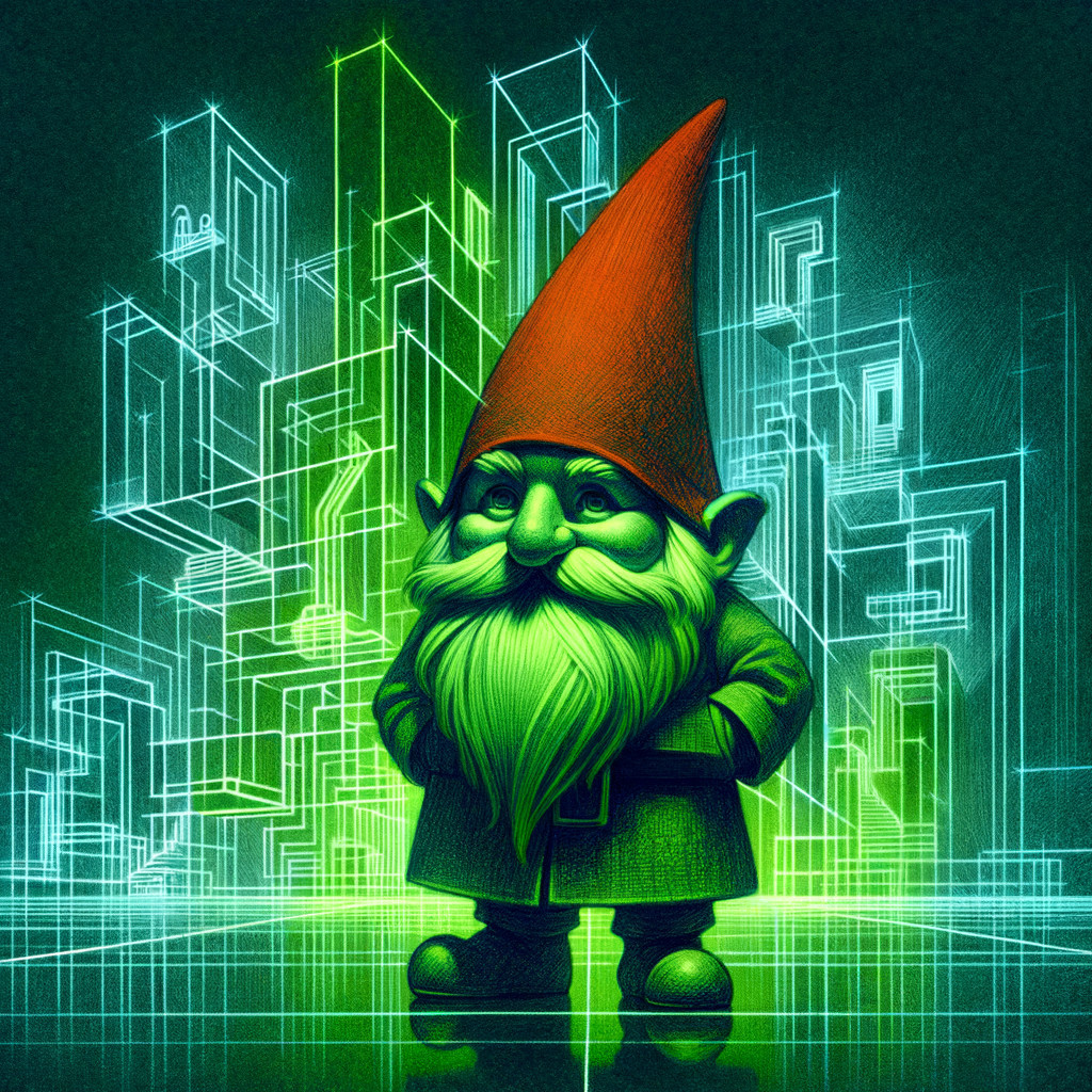 Gnome in a futuristic cityscape with glowing skyscrapers