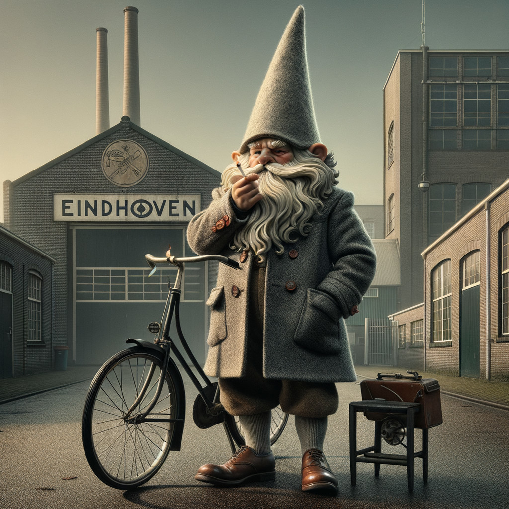 Whimsical Gnome by Vintage Bicycle in Urban Setting