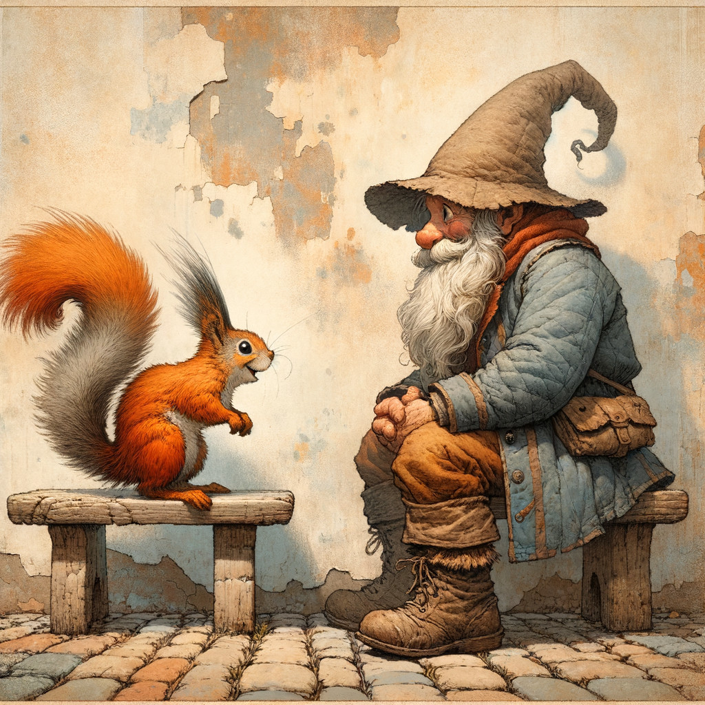 Gnome and Squirrel in a Whimsical Rustic Setting